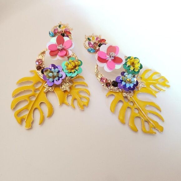 Zara Tropical Leaves Drop Earrings - Picture 2 of 14
